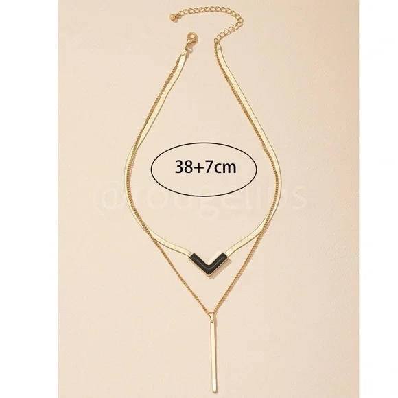 Layered Charm Gold Tone Chain Necklace Zinc Alloy Black V charm, Geometric - Picture 4 of 5